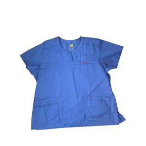 Wonderwink Womens True-Plus Fit Wonderflex V-Neck Scrub Top 2X Blue Pockets 1863